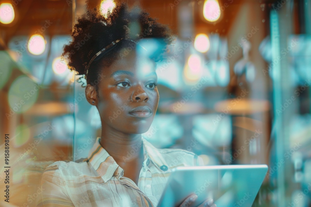 Poster a woman is holding a tablet computer in front of a window, great for tech and lifestyle concepts