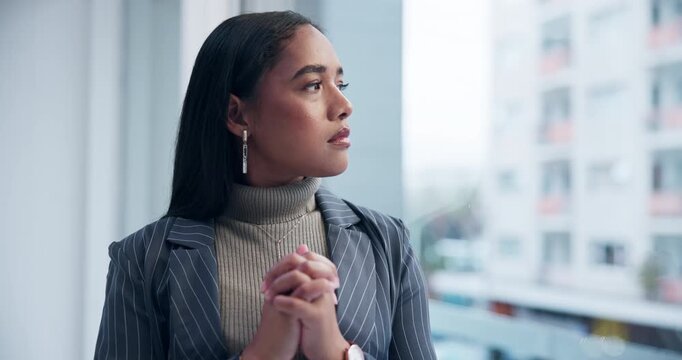 Stress, thinking and window with business woman at office in city for planning or problem solving. Anxiety, depression or worry and corporate employee in workplace with view for doubt or solution