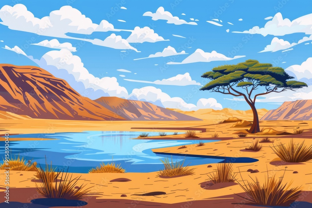 Poster a serene desert landscape featuring a winding river and a solitary tree, ideal for use in travel or 