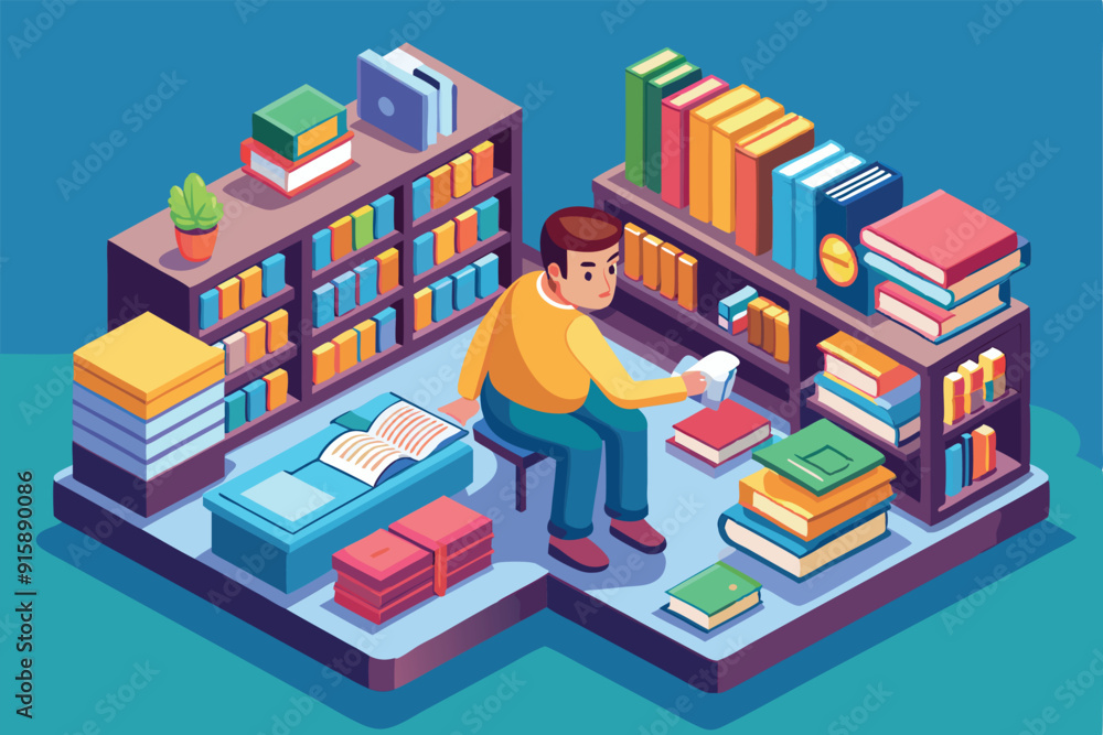 Poster a person enjoys sorting and reading books in a colorful, organized home library setup filled with sh