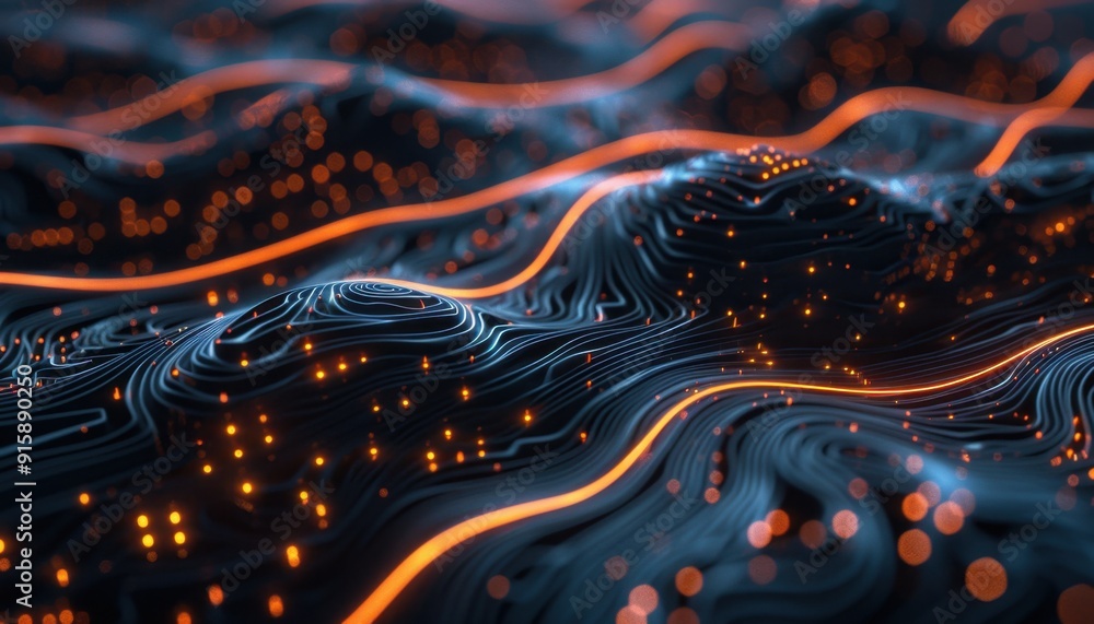 Poster intricate abstract landscape of flowing lines and illuminated points at night