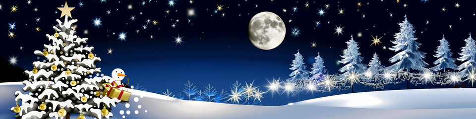 Christmas banner featuring a nighttime snowy forest, the moon, and a snowman. Text space available.