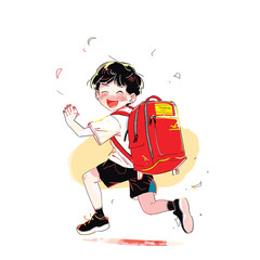 Happy cartoon boy with a backpack, jumping.
