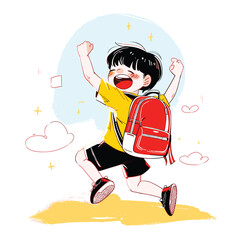Happy cartoon boy with a backpack, jumping.
