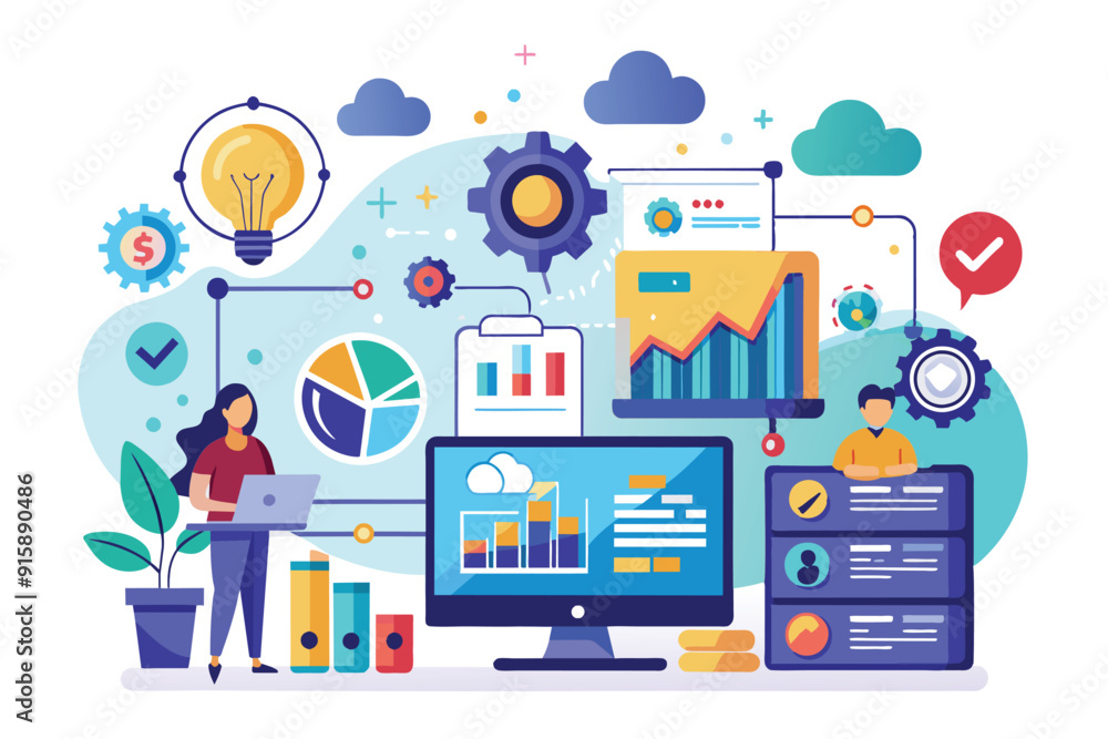 Poster a professional uses a laptop for big data management while colleagues analyze graphs and charts in a