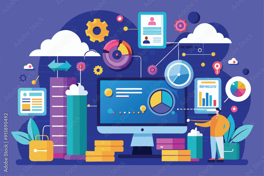 Poster a digital workspace showcasing big data management with charts, visuals, and tools that analyze and 