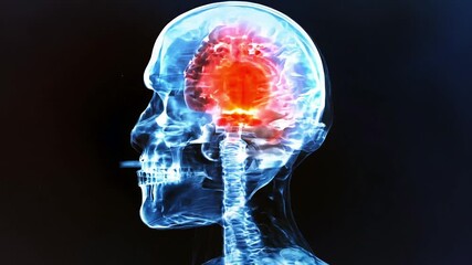 3D X-ray of a skull rotating with a red inflammation representing a migraine headache in the center of the brain. - Powered by Adobe