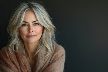 elegant middleaged woman posing confidently against solidcolored backdrop soft lighting emphasizes grace and poise highlighting natural beauty and selfassurance