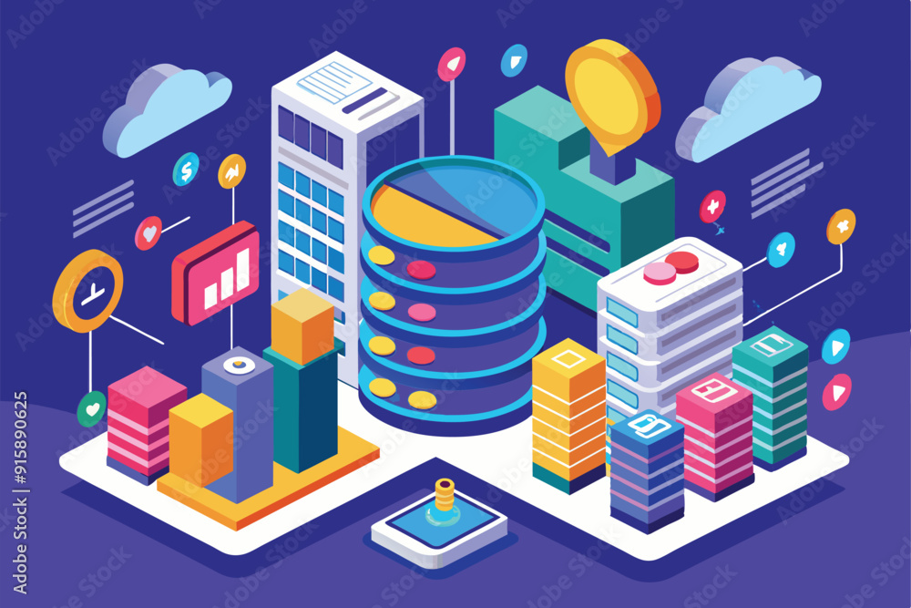 Poster analyzing big data storage capacity metrics featuring colorful representations of databases and buil