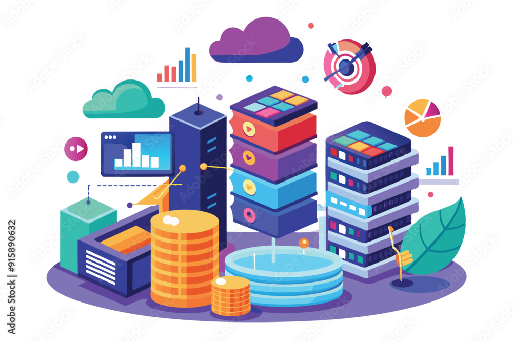 Poster visual representation of big data storage capacity through vibrant charts, servers, and digital elem