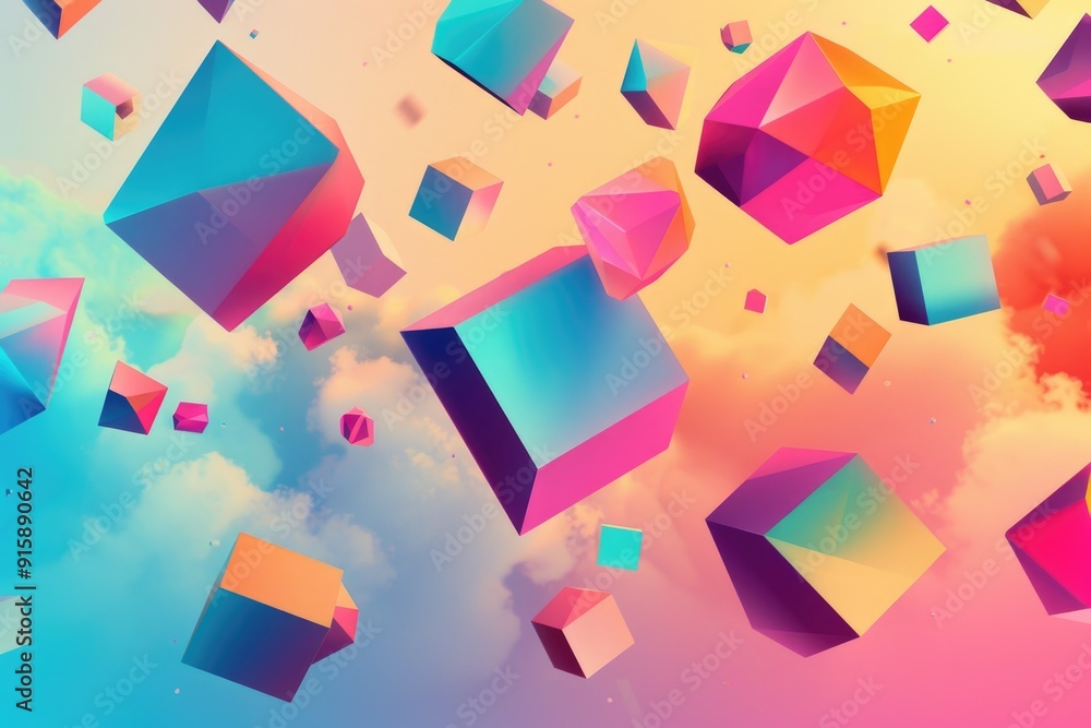 Poster a cluster of vibrant cubes suspended in mid-air, perfect for use in futuristic or imaginative scenes