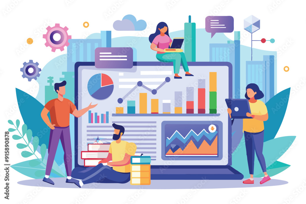 Poster a group of data analysts works together on project insights in a bright urban office, utilizing lapt