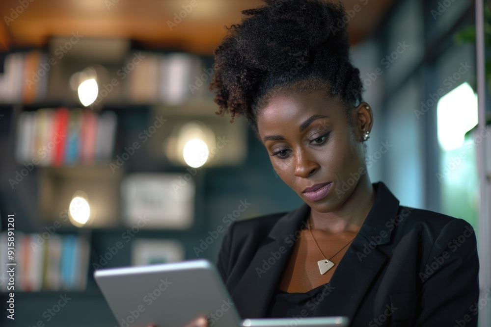 Poster a person studying with a tablet in a quiet library