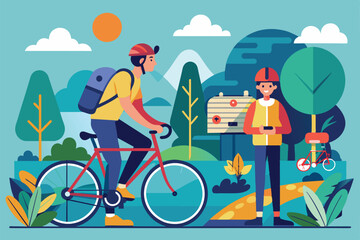 Fototapeta premium Two bike travelers pause amid lush scenery, surrounded by mountains and trees, enjoying their adventure in a refreshing outdoor setting