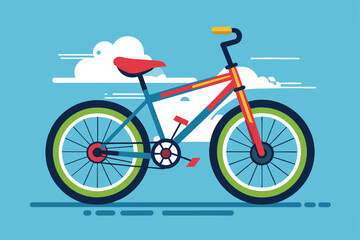 Fototapeta premium A vibrant bike stands against a cheerful blue sky with fluffy clouds, showcasing a playful design and imaginative details