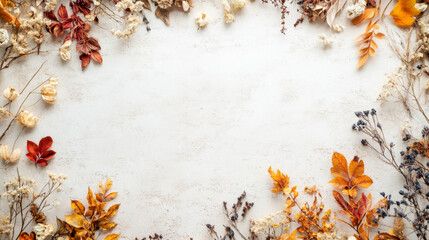 Autumn floral background with dried flowers and leaves on a white wall, in a top view