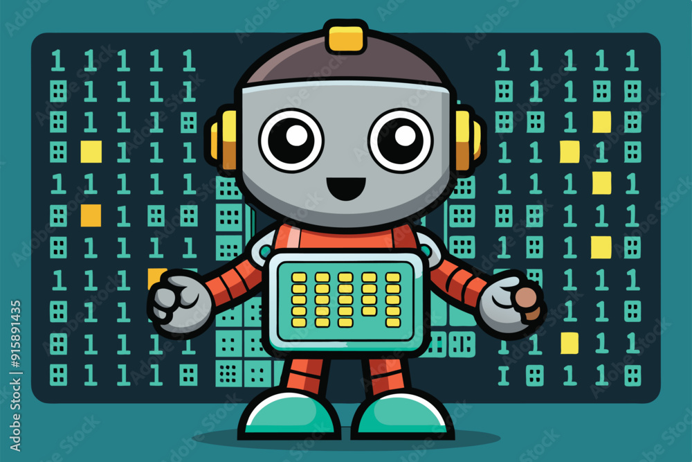 Poster a cheerful cartoon robot stands in front of a binary code display, showcasing its customizable featu