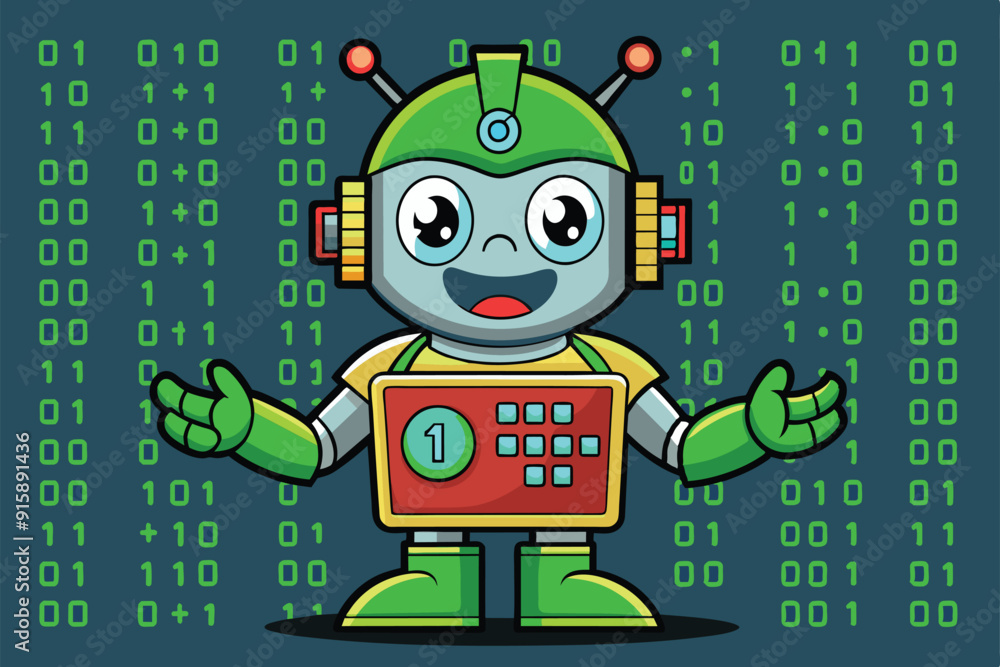 Poster a cheerful cartoon robot stands amidst a binary code backdrop, inviting interaction with its playful