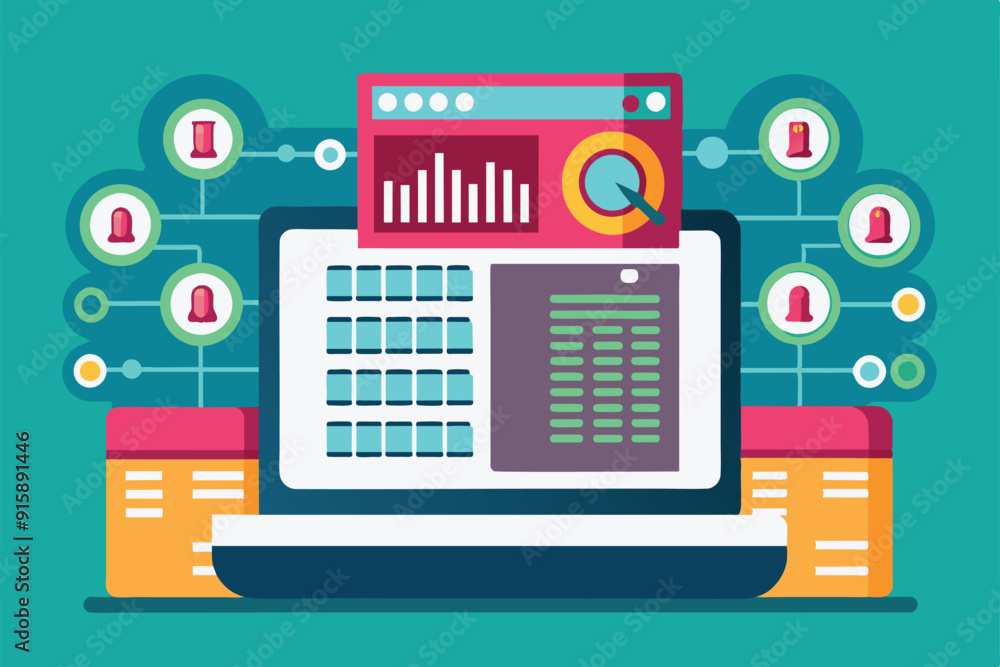 Poster a flat illustration showcasing a laptop displaying binary code, data analysis tools, and interactive