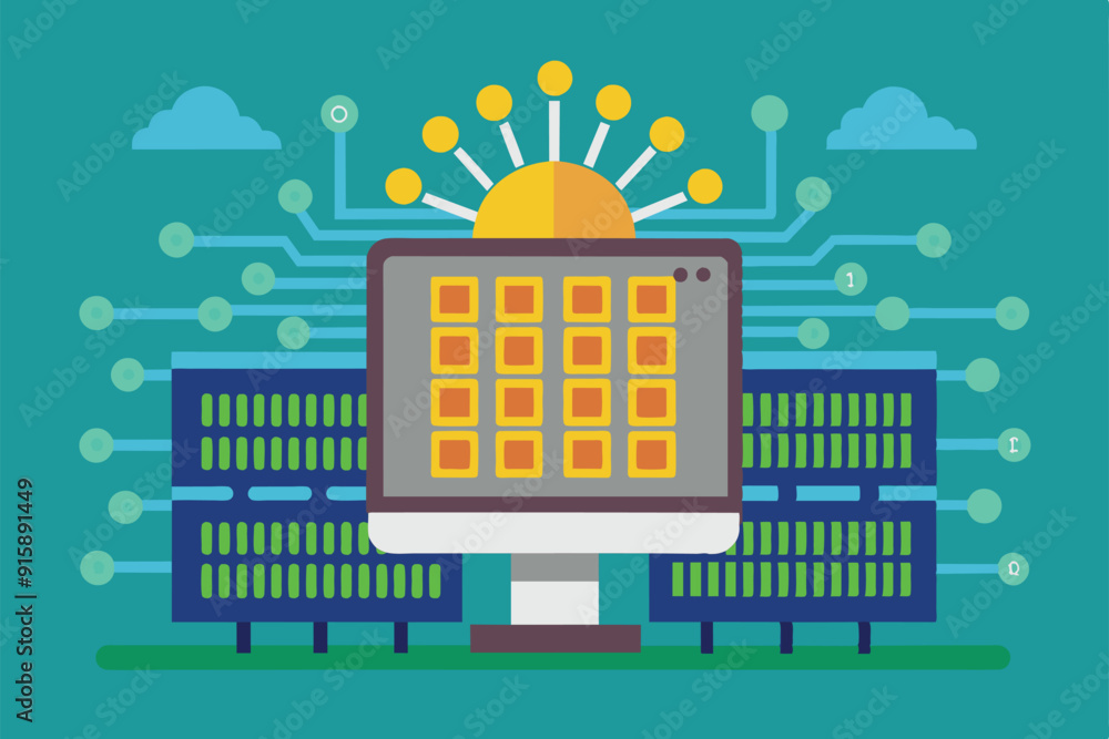 Poster a digital artwork showcasing a computer surrounded by binary code and a radiant sun, symbolizing tec