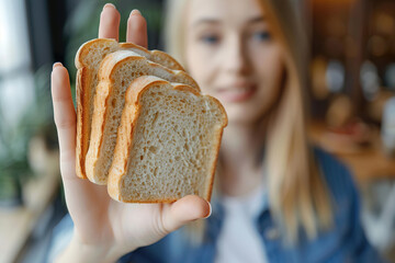A woman is holding up three slices of bread, generative ai.