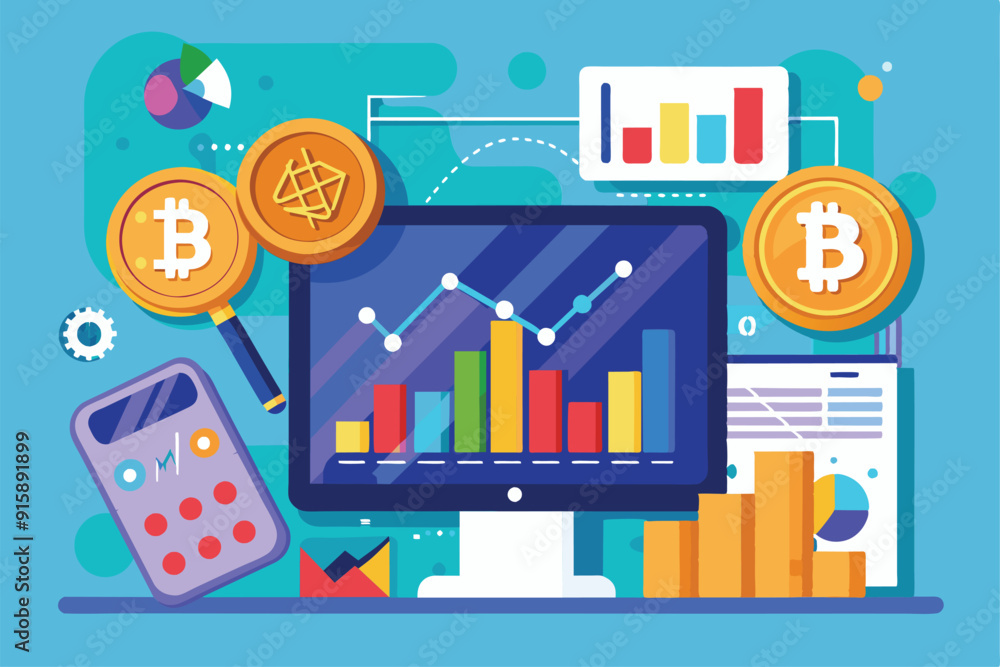 Poster the display features a computer analyzing bitcoin currency trends with colorful charts, graphs, and 