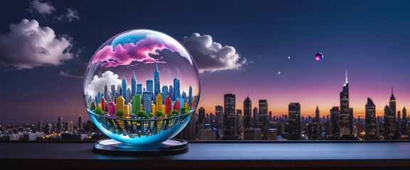 Conceptual representation of a city wrapped in a bubble, city as a self-contained system, rising population and urbanization
