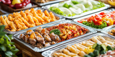 Obraz premium Buffet trays filled with delicious food offering various dishes