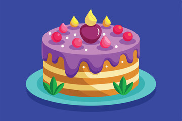 A vibrant birthday cake features a variety of colorful toppings, showcasing a playful design perfect for any celebration or festive event