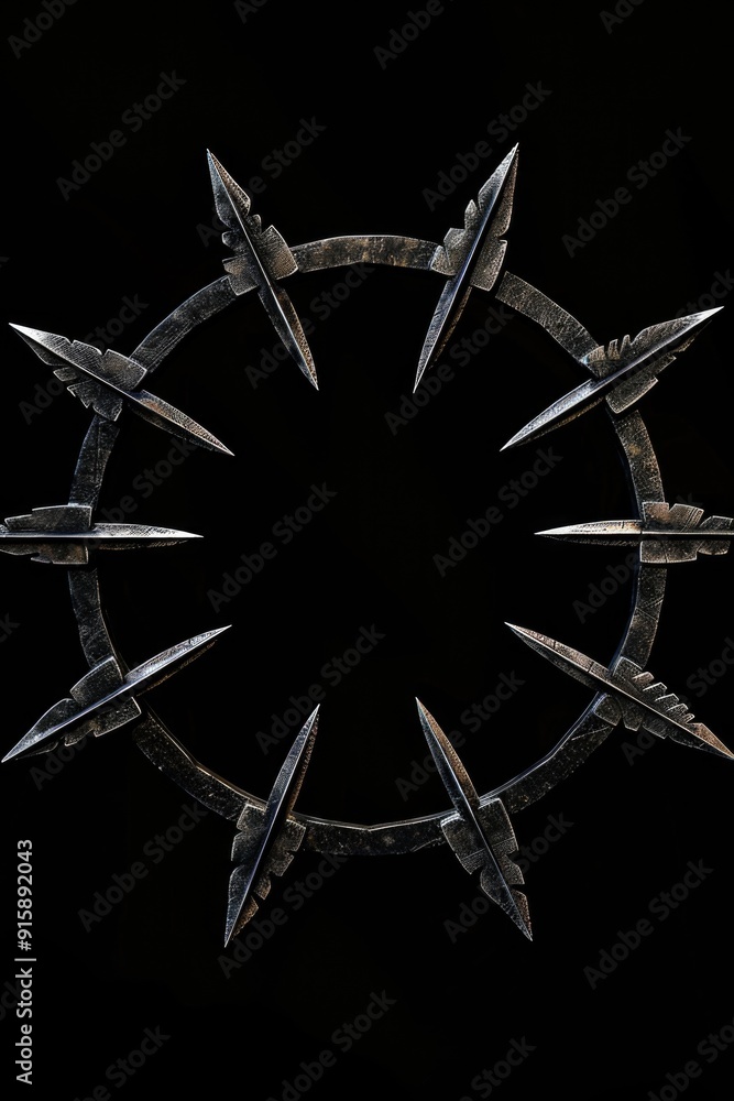 Poster a collection of sharp knives arranged in a circular pattern against a dark background