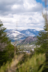 aerial view over trail in Patagonia mountains in San Martín de los Andes in summer with snow