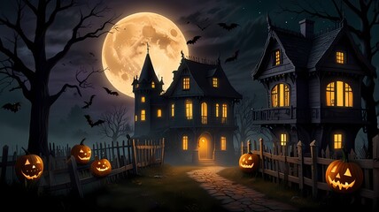 an enchanting Halloween scene with a haunted house on a hill, glowing jack-o'-lanterns, twisted trees, playful ghosts, a full moon, a witch on a broomstick, and eerie yet vibrant colors	