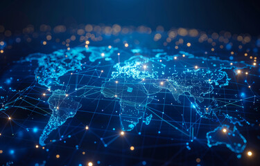 A blue and white map with many dots and lines. The map is a representation of the world's network of connections