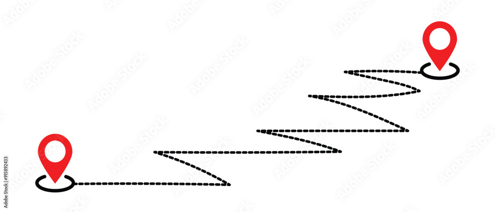 Poster route icon between two points isolated on white background. location pins. dotted path and location 