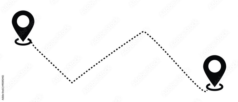 Poster route icon between two points isolated on white background. location pins. dotted path and location 