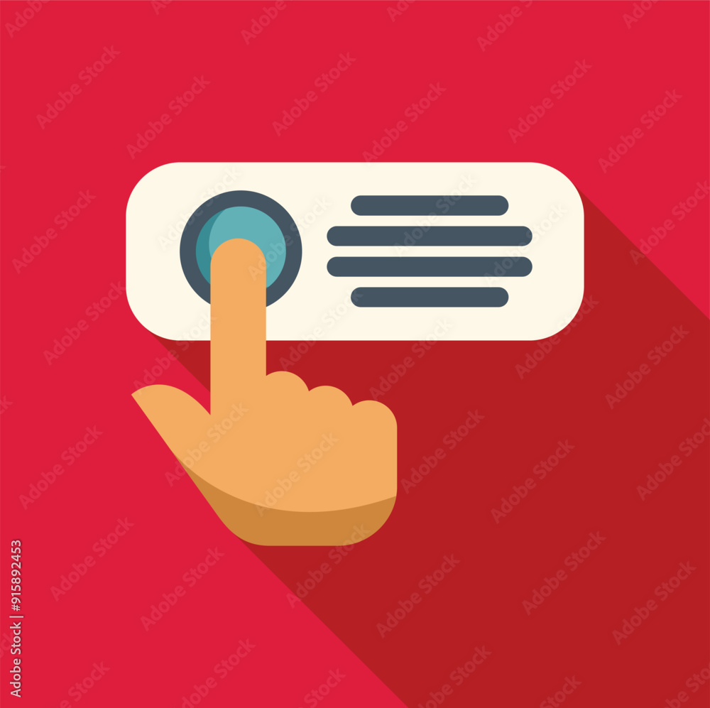 Poster hand pressing round button on control panel icon in flat style with long shadow on red background