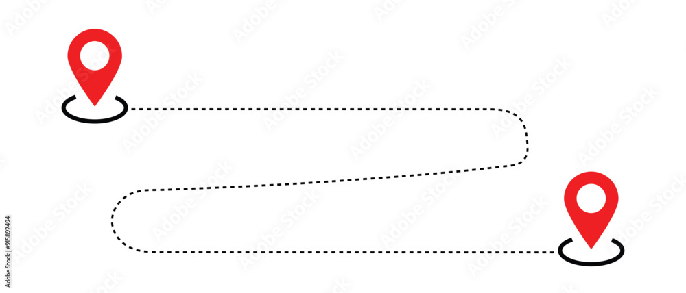 Poster route icon between two points isolated on white background. location pins. dotted path and location 