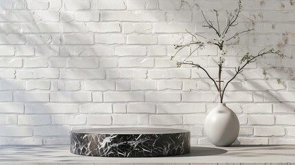 A black marble podium sits on a wooden surface in front of a white brick wall. A white vase with a twig of white flowers sits to the right. The wall has a shadow cast on it from a window.