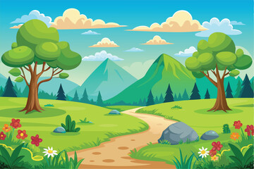 Fototapeta premium A serene meadow filled with lush greenery, colorful flowers, and towering trees, leading toward majestic mountains beneath a clear blue sky