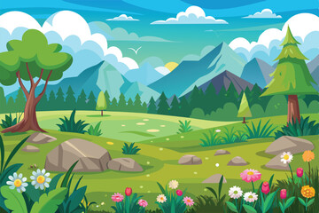 Obraz premium A peaceful meadow filled with colorful flowers, lush greenery, and distant mountains under a clear blue sky, inviting tranquility and outdoor exploration