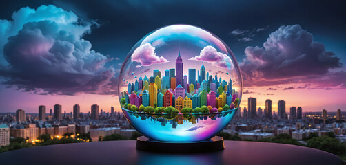 Conceptual representation of a city wrapped in a bubble, city as a self-contained system, rising population and urbanization