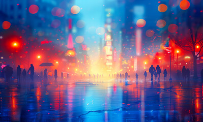 Obraz premium A city street with people walking and a few umbrellas. The street is wet and the lights are on