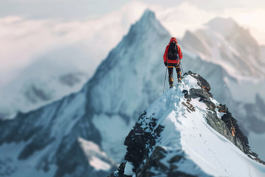 A man in an orange jacket stands on a snow covered mountain peak, generative ai.