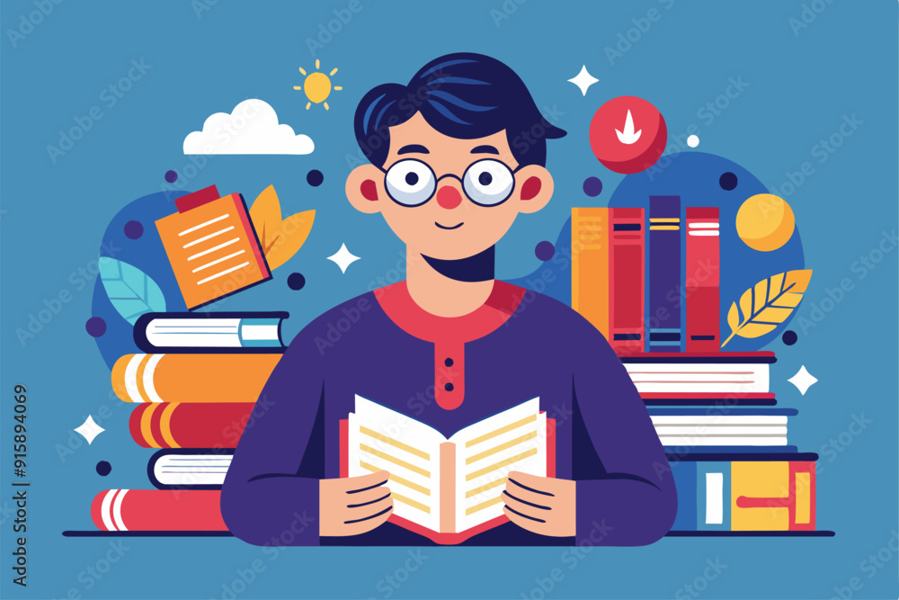 Poster a young person reads a book while surrounded by colorful stacks of books and charming nature element
