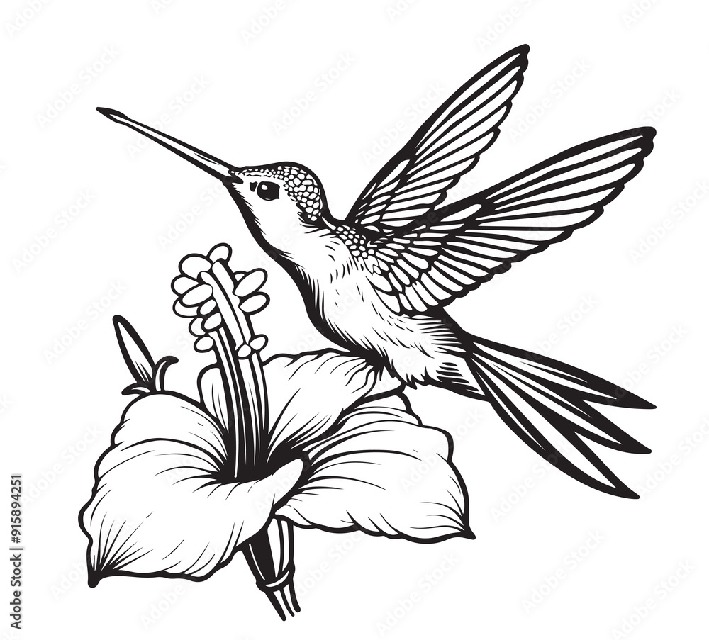 Poster Flying Hummingbird and flowers. nice drawing and illustration for print, tattoo and etc.