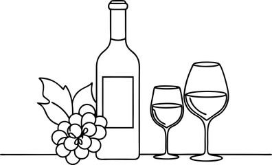 Wine Bottle and Glasses Line Art Illustration with Flower