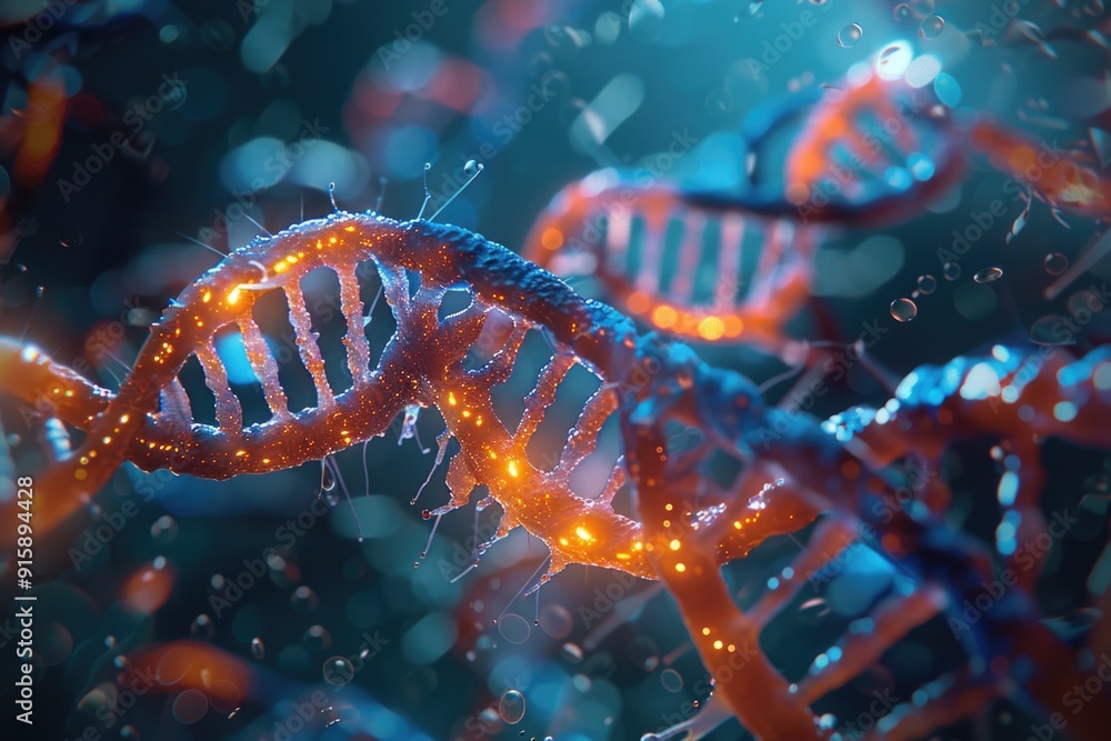 Poster Microscopic image of a double helix structure of DNA molecule, illustrating the twisted strands