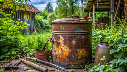 Rustic metal gallon drum with corroded exterior and dented lid, surrounded by old tools and overgrown with weeds in a neglected rural setting.