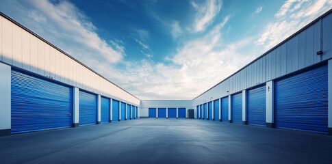 blue and white self storage facility with large blue doors, professional photography