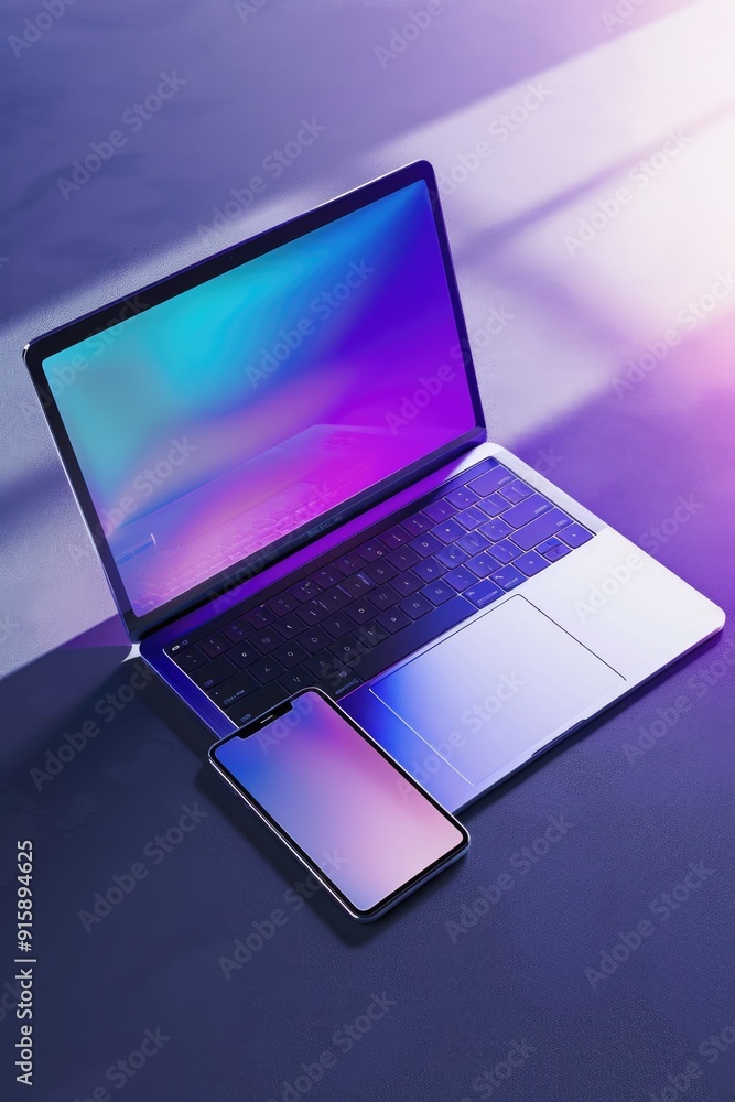 Poster a laptop computer sitting on a table with a keyboard and screen visible